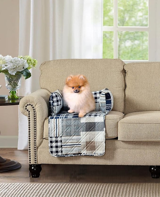 Brilliant Sunshine Quilted Calming Dog Bed Mat, Removable Washable Cover, Cushion Protector and Couch Covers for Dogs, Pets, Cats, Small, Blue Plaids and Stripes Patchwork