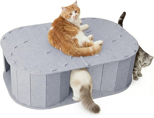 PETKARAY Large Felt Cat Tunnel, Double S-Shaped Hideaway for Indoor Cats, Interactive Cat Bed Cave and Hideout, 34x22.8x10.2 inches Grey