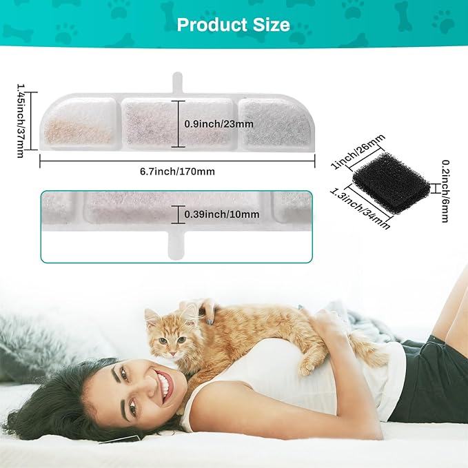 6 Packs Replacement Filters for Battery Operated Cat Water Fountain, 6 Set Pet Fountain Filter for 84oz/2.5L Wireless Cat Drinking Fountain Indoor, Stainless Steel Cordless Multi-Filtration System