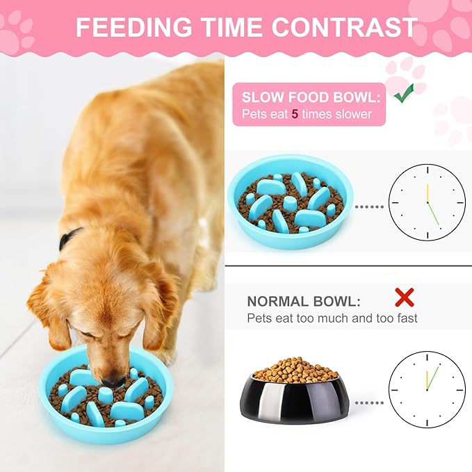 Slow Feeder Dog Bowls 3 in 1 Stainless Steel Dog Food and Water Bowls with Non-Spill Non-Skid Silicone Mat to Slow Down Eating for Large Medium Small Breed Size Dogs and Cats (Pink Blue)