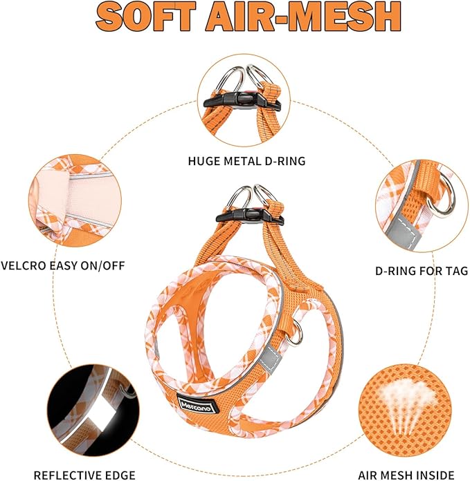 Mercano Soft Mesh Dog Harness and Leash Set, No-Chock Step-in Reflective Breathable Lightweight Easy Walk Vest Harnesses with Safety Buckle for Small Dogs, Cats (Orange, S)