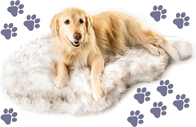 PAW Brands PupRug Orthopedic Dog Bed for Large Dogs with Fluffy Soft Faux Fur and Memory Foam for Joint Pain Relief, Machine Washable and Waterproof Couch Bed, White with Brown Accents, Medium