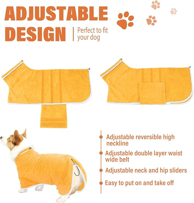 Dog Robe - Fast Drying Towel - Microfiber Super Absorbent Pet Bathrobe, Adjustable Collar & Belly Strap (Yellow, Large)