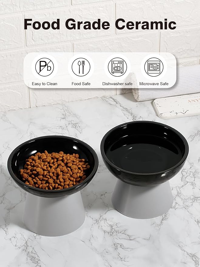 LoeJan Elevated Cat Food and Water Bowls Set, Extra Wide and Raised Ceramic Feeder, Anti-Vomit Whisker-Free Pressure Feeding Bowl for Kittens Adult Small Dogs (Black)