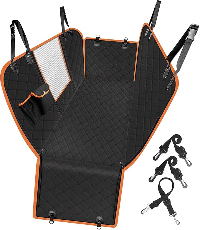 Femuar Dog Car Seat Cover, Waterproof Nonslip Pet Seat Cover for Back Seat with Storage Pockets Mesh Visual Window, Scratch Proof Pet Dog Seat Cover Hammock for Cars Trucks and SUVs, XL-Orange