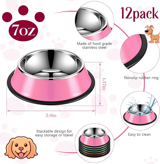 Roshtia 12 Pcs Stainless Steel Cat Bowls 6. 4 in 7 oz Metal Food Bowls for Cat Small Dogs Stackable Pet Dishes for Puppy Colorful Pets Feeder Bowl with Anti Skid Silicone Base for Puppy Kitten