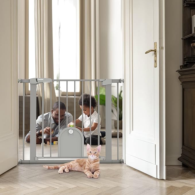 Babelio Auto Close Baby Gate with Small Cat Door, 29-43" Metal Cat Gate for Doorway, Stairs, House, Easy Walk Thru Dog Gate with pet Door, Includes 4 Wall Cups and 3 Extension Pieces, Gray