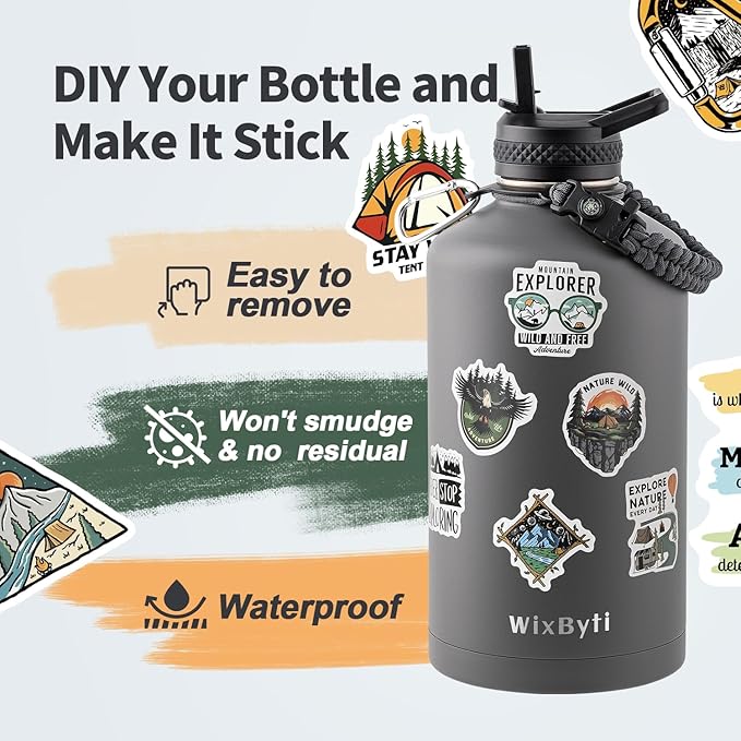 One Gallon Water Bottle Insulated, Triple Wall Vacuum Cold for 48 Hrs & Leak-proof & Non-BPA, 128oz Large Sports Stainless Steel Water Jug with Paracord Handle Straw Spout Lids & DIY Stickers