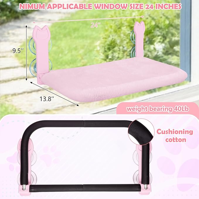 2 Pack Cat Window Perch,Cat Window Hammock Cordless Foldable Window Bed with 4 Large Strong Suction Cup,Reversible Cushion Cover,Metal Frame Easy to Adjust Window Seat Holds up to 40lbs(Pink，M)