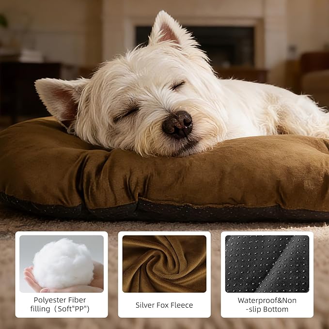 Washable Large Dog Bed for Medium & Large Breeds, Non-Slip Bottom & Plush Faux Silver Fox Fur Oval Cushion Pad for Big Dogs, Soft Mat for Crates, Brown, 41x27 Inch