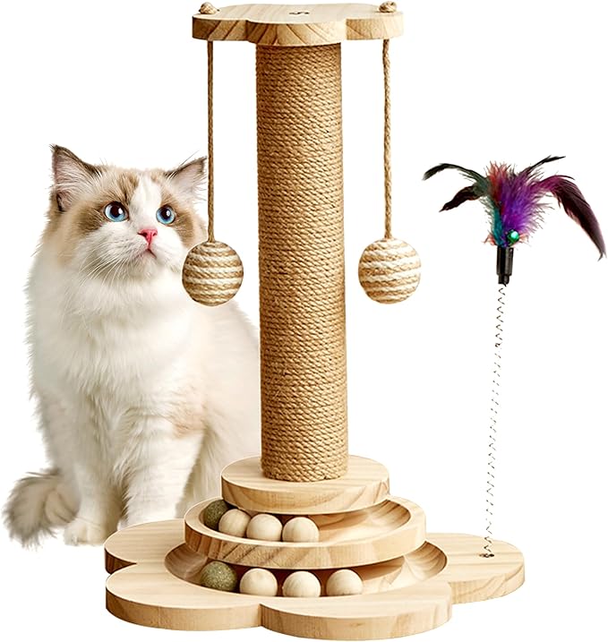 Cat Scratching Post, 4 in 1 Wooden Cat Scratcher Toy, 17.7" Tall Scratch Post with 2 Level Cat Track Balls, Interactive Feather Toy and 2 Sisal Hanging Balls for Indoor Kittens, Adult Cats