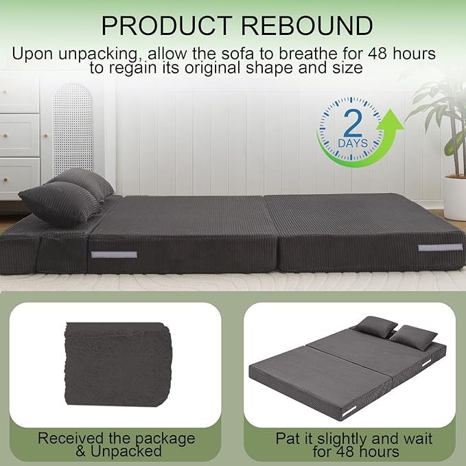 MeMoreCool Boneless Folding Sofa Bed Full Size – Corduroy Convertible Futon Couch with Foam Core & Pillow, 1500 lb Capacity Floor Sleeper, Washable Cover for Living Room, Bedroom, Guest Space