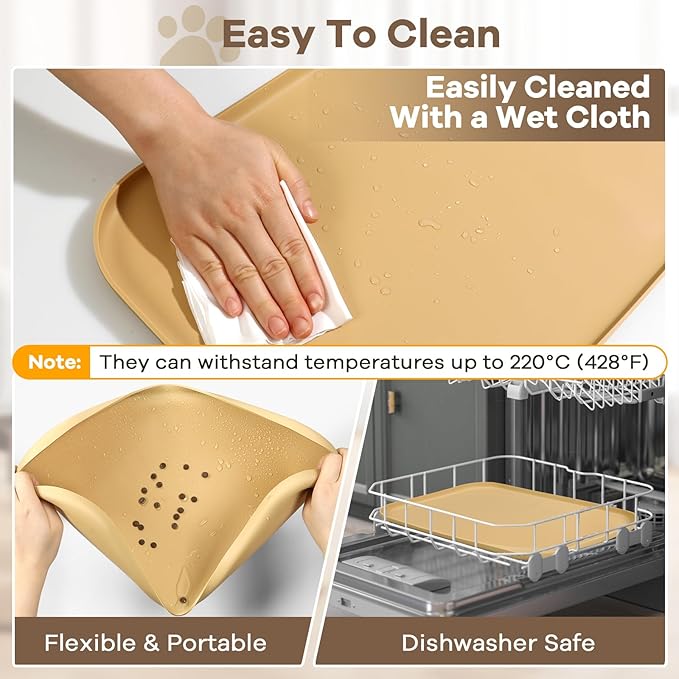 Silicone Pet Food Mat with Raised Edge for Food and Water Bowl, Dog Feeding Mats, Cat Food Trays for Floor Waterproof, Rubber Tray for Dogs and Cats, 22 x 14 x 0.8 Beige