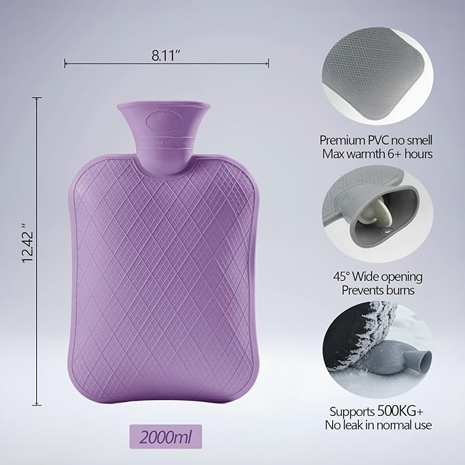 FORICOM Hot Water Bottle for Pain Relief, Hot Water Bag for Back Pain, Heating Pad 2Liter, Non Toxic and Rubber, Hot and Cold Therapy,Made in PVC