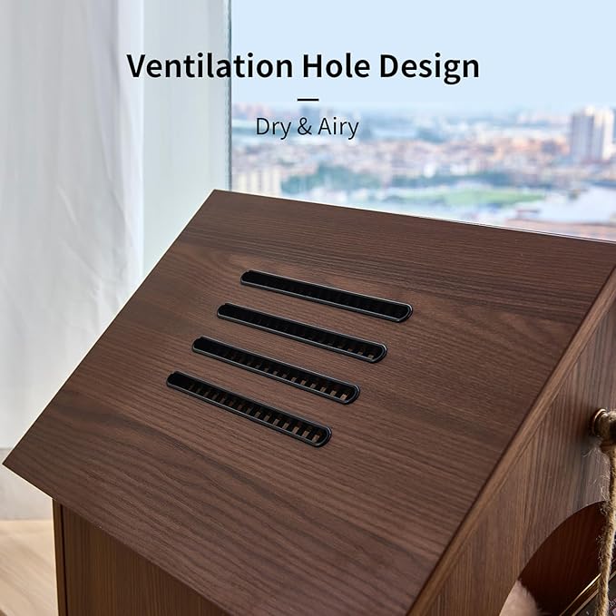 Cat House for Indoor Cats - Modern Wooden Covered Cat Cave Bed, Sturdy & Durable Cat Hideaway Hanging Ball Toy & Warm Plush Mat Included, Easy Assembly – Follow Video or Instruction Manual.
