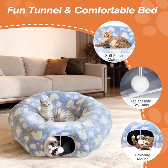 Cat Tunnels for Indoor Cats, 35'' Plush Cat Tunnel Bed with Playful Ball and Circle Cushion, Multifunctional Peekaboo Cat Cave, Interactive Toy Gift for Cats, Kittens, Rabbits, Blue&Cloud
