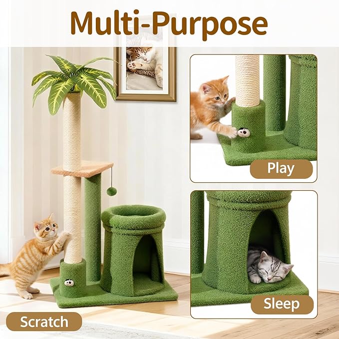 Cat Tree Tower Scratching Post Stand for Indoor, 41" Compact Palm Tree Kitten House Condo with Cozy Bed for Small Cats, Space Saving Design, Supports Climber Scratch Playing and Rest