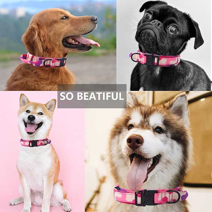 Xqpetlihai Tactical Dog Collar Adjustable Military Nylon Dog Collar with Control Handle and Heavy Duty Metal Buckle for Medium and Large Dogs (Pink Camo,S)