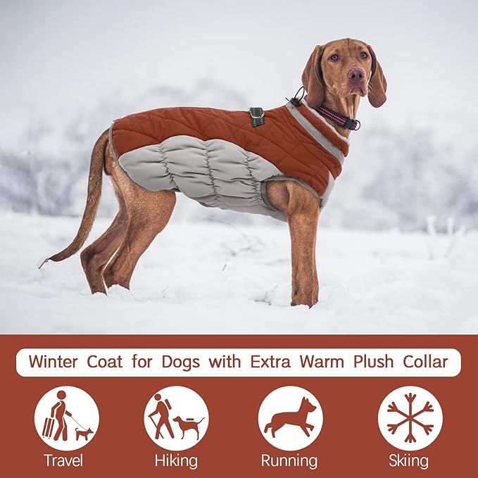 FUAMEY Dog Coat for Large Dogs,Waterproof Dog Winter Jacket with Harness Built in Puppy Cold Weather Coats Reflective Pet Vest with Zipper Warm Fleece Dogs Snowsuit Windproof Brown XL