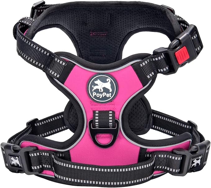 PoyPet No Pull Dog Harness, No Choke Front Lead Dog Reflective Harness, Adjustable Soft Padded Pet Vest with Easy Control Handle for Small to Large Dogs(Pink,XS)