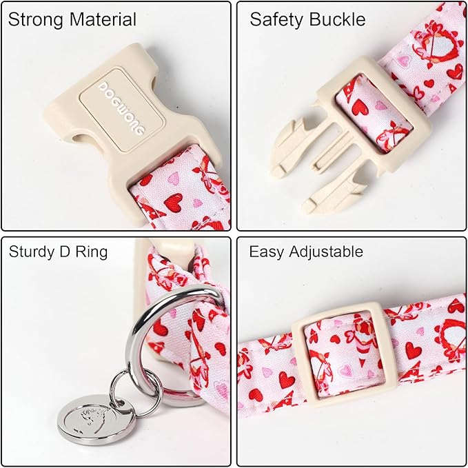DOGWONG Valentine's Dog Collar, Adjustable Durable Pink Heart Dog Collar Cute Dog Collar for Small Medium Dogs