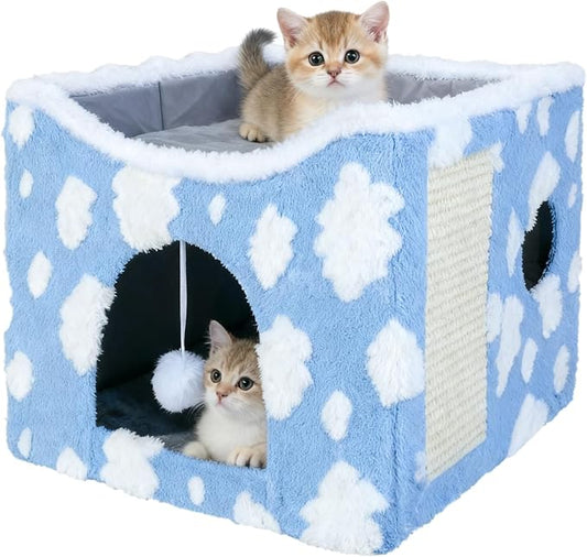 Indoor Cat Beds Large Cat Cave Pet Cube Cat House with Fluffy Ball Hanging and Scratch Pad Foldable Cat Hideaway with 2-in-1 Reversible Cushion for Small Animals Cozy Clouds Blue
