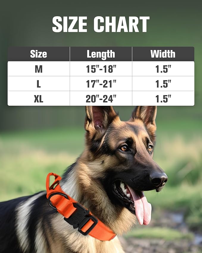Joytale Tactical Dog Collar with Handle, Adjustable Heavy Duty Military Collar with 2 Patches for Training, Suitable for Large Dogs, Orange, L