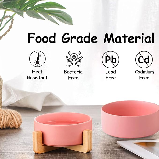 Petygooing Pink Ceramic Dog Cat Bowl Set with Stand, Pet Food and Water Dish,Medium Dog Bowls Anti Slip Set of 2 Cat Bowls Pet Food Bowl- Pet Dishes Small Medium Size Pet (28 OZ /3.6 Cups)
