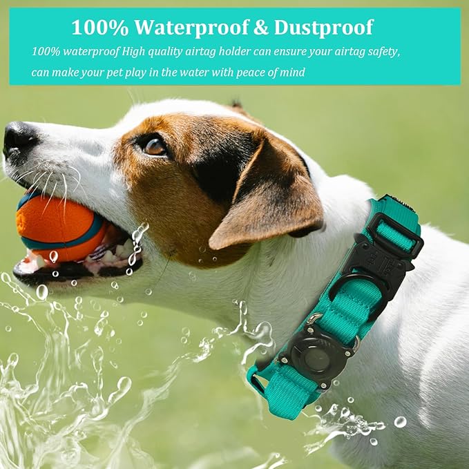 Xqpetlihai Upgraded AirTag Dog Collar Waterproof Tactical Dog Collar with AirTag Holder Heavy Duty Dog Collars for Large Dogs (Teal，L