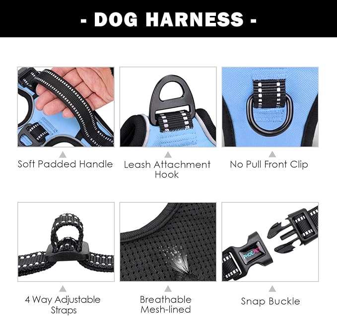 PHOEPET No Pull Dog Harness 3M Reflective Adjustable Vest with a Training Handle, Name ID Pocket, 2 Metal Leash Hooks, 3 Snap Buckles [Easy to Put on & Take Off](L, Baby Blue)