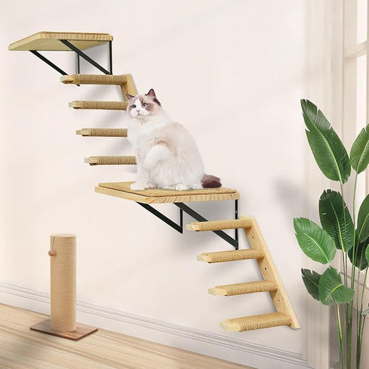 Cat Wall Shelves & Stairs - 2PCS Cat Furniture with 2PCS 4 Steps Climbing Shelves & Scratching Perches for Sleeping, Playing