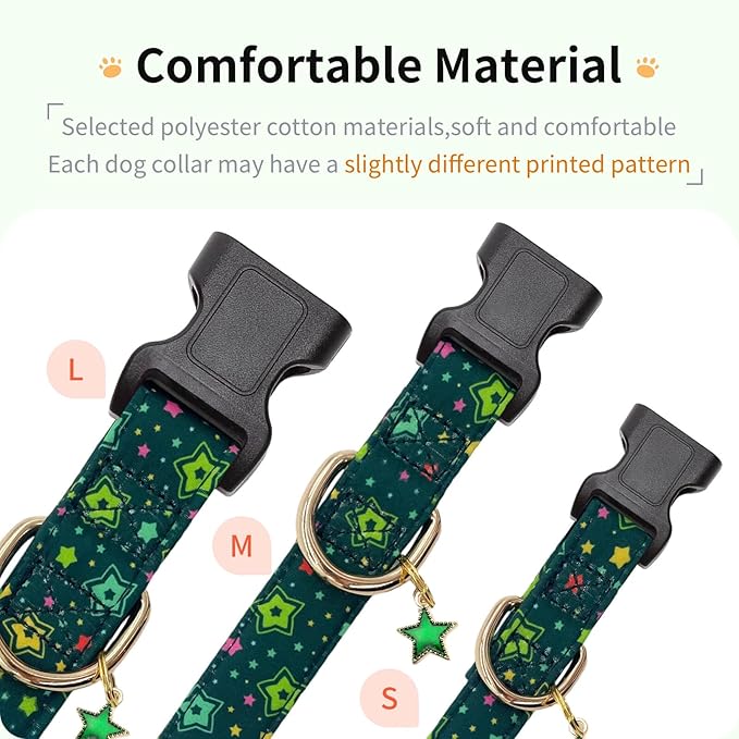 Cotton Dog Collar,Adjustable Cute Puppy Collar with Moon Patterned Design for Small Medium Large Dogs,Soft and Fancy Pet Collar with Safety Buckle for Girl Boy Dogs (Green Star, L)