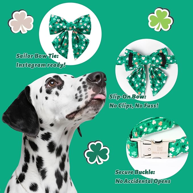 Maca Bates St. Patrick's Day Shamrock Dog Collar with Sailor Bow Tie,Medium Girl Boy Dogs, Green Pink White Clover Pattern,Adjustable Durable Soft Collars Irish Gift for Male Female Puppy