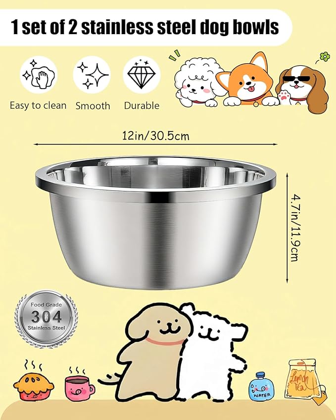 Stainless Steel Dog Bowl, 2 Pack 208 Oz Metal Dog Food Bowls 26 Cup Stainless Steel Pet Bowls Heavy Duty Pet Bowl for Medium Large Dogs, 12"