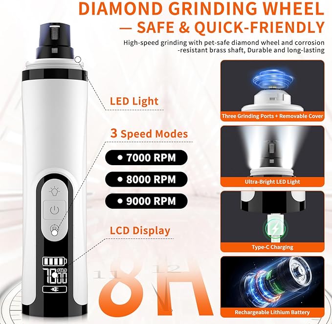 2026 Upgraded Silent Dog Nail Grinder, 3-Speed Powerful Electric Pet Nail Trimmer, Indoor cat Nail Trimmer,Rechargeable with 2 LED Lights/Grinding Wheels for Small, Medium, and Large Dogs and Cats