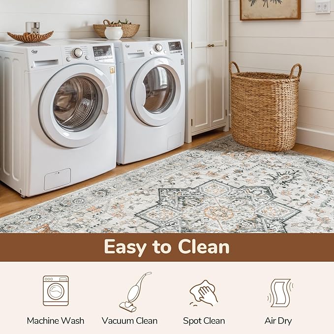 Lessymo 9×12 Area Rugs Washable for Living Room, Large Soft Indoor Rug Non-Slip for Bedroom Kitchen Dining Room Dorm Nursery, Vintage Boho Carpet Stain Resistant for Office Home Decor, Grey/Brown