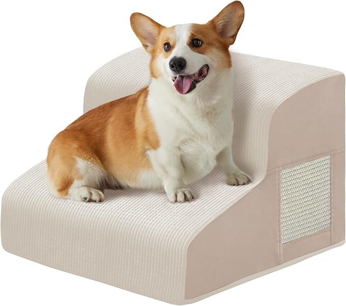 Dogs Steps for Bed, Dog Stairs for Small Dogs, 2-Step Dog Ramp for Bed, Couch, Sofa, and Chairs, Non-Slip Bottom Design, Cat Scratching, High Density Foam Portable Pet Step, Indoor, Beige