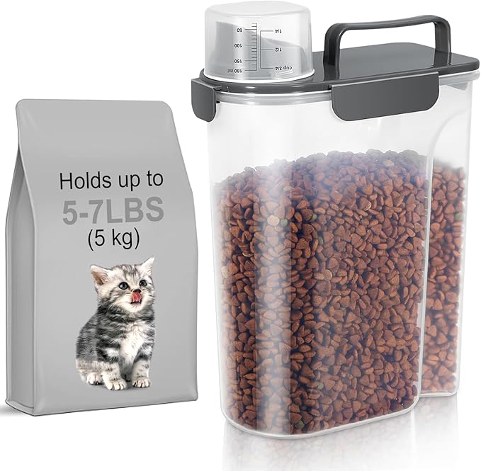 5-7Lbs Cat Dog Storage Container, Portable Pet Food Containers with Upgraded Large Spout and Cup, Small Animal Kibble Dispenser for Bird Seed, Oatmeal, Rice, Flour (1, Dark Gray, 5L)