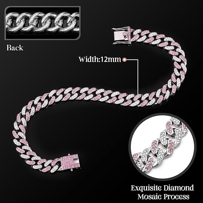 LEIFIDE Dog Chain Collar Diamond Link Puppy Collar 12 mm Wide Dog Necklace Metal Cat Chain Pet Crystal Necklace Jewelry Accessories for Small Medium Large Pet(12 Inch,Silver, Pink White)