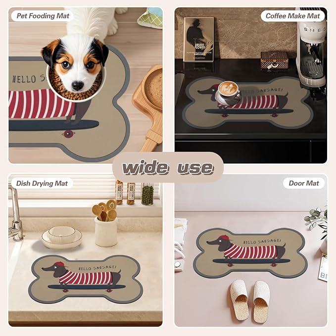 Le couranT Feeding Plastic Placemat for Food and Water Bowl, Absorbent-No Stains Quick Dry Dog Water Bowl Dispenser with Waterproof-Anti-Slip Backing Pet for Messy Drinkers, Lovely Dachshund-12x19 in