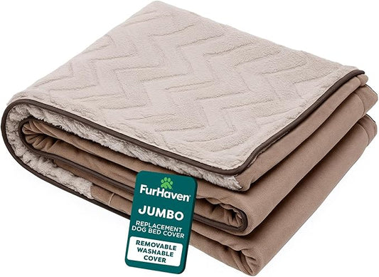 FurHaven Dog Bed Cover Replacement, Sofa-Style Design with Soft, Breathable Fabric for Cozy Comfort, Machine Washable, Jumbo XL, Plush & Velvet Waves, Brownstone