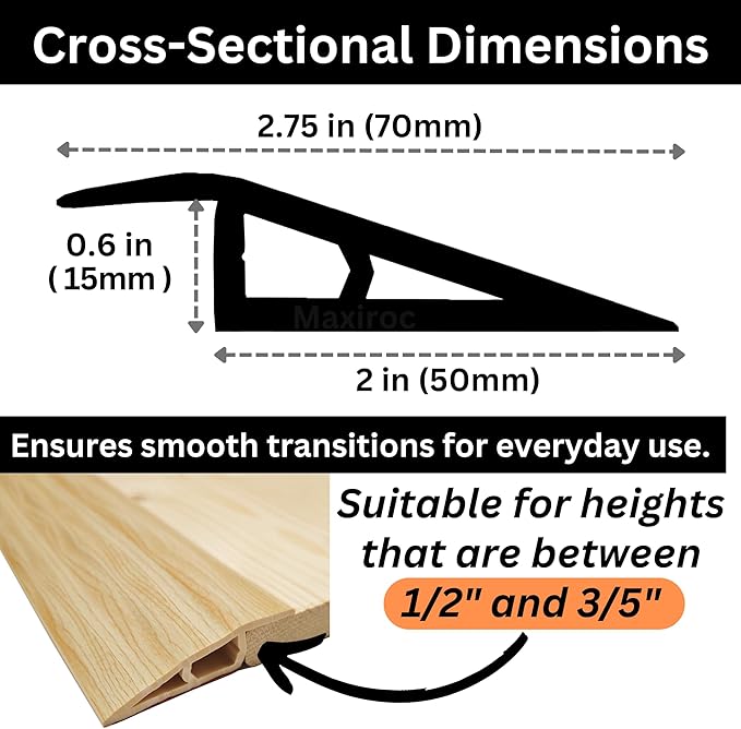 1/2" to 3/5" Height Threshold Ramp - Rubber Threshold, Floor Transition Strip, Door Strip, Wheelchair Ramp, Carpet to Tile Strip (Raw Timber Tone, 40 inches)