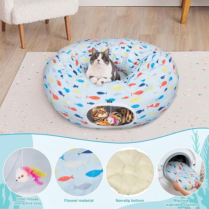 Ownpets Large Cat Tunnel Bed, Soft Plush Cat Donut Tunnel Bed with Washable Cushion, Peekaboo Cat Cave for Indoor Kitten, Puppy, Rabbit, Blue