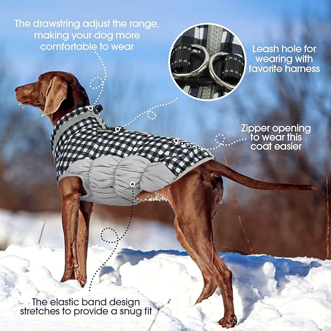 FUAMEY Dog Coat for Large Dogs,Waterproof Dog Winter Jacket with Harness Built in Puppy Cold Weather Coats Reflective Pet Vest with Zipper Warm Fleece Dogs Snowsuit Windproof Checkerboard 2XL