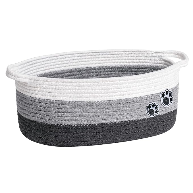 Dog Toy Basket Gift Basket Empty, Woven Storage Baskets for Towels, Cute Dog Storage Bins with Handles, Small Cotton Rope Baskets for Shelf, 13.6"x 10" x 6", Mixed-Gray