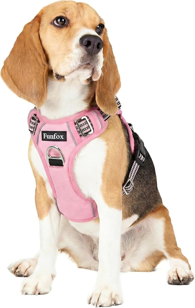 Funfox Dog Harness Medium No Pull, Adjustable 2 Clips Anti-Pull Vest with Practical Handle, Breathable Padded Pet Harness Designed for Small/Large Breeds, Reflective Training Walking Pink M