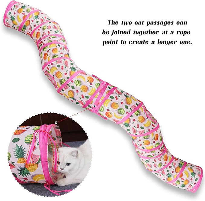 Andiker Cat Tunnel for Indoor Cats, 45" Long Rainbow Collapsible Kitten Tube with a Fun Ball and 2 Holes Cat Play Tunnel, Rabbit Tunnel for Kittens Exercising Hiding Training and Running (Pink)