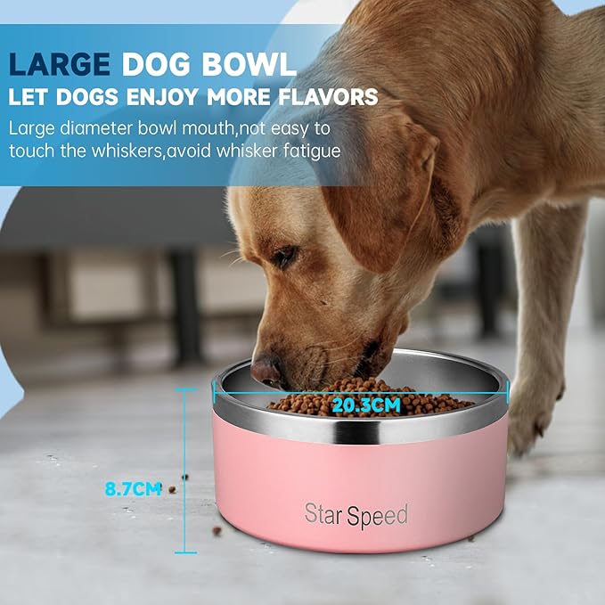 StarSpeed Stainless Steel Dog Bowl - Large Dog Water Bowl with Rubber Bottom, Drop Resistant, Keeps Cold, Holds 8 Cups (64oz, Pink)