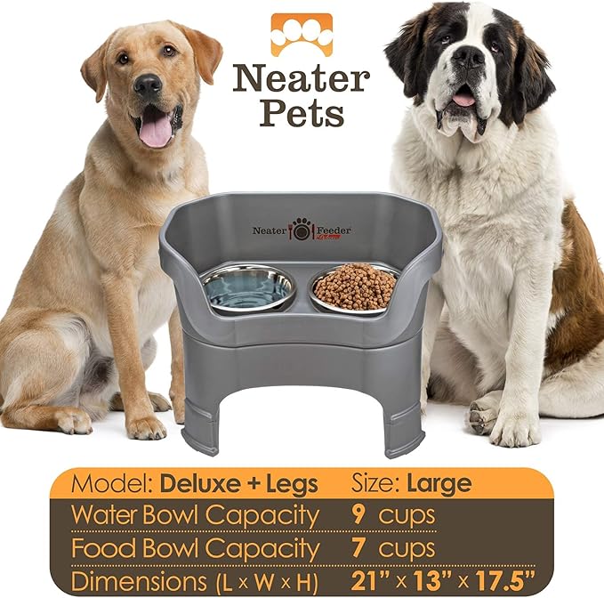Neater Feeder Deluxe Mess Proof Dog Bowls Elevated for Large Dogs – Made in USA – No Spill Raised Dog Food Bowl Stand w/Leg Extensions – Stainless Steel Dog Food and Water Bowl Set – Grey