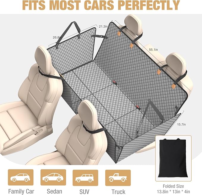 Lekereise Dog Car Seat Cover for Back Seat,Hard Bottom Dog Hammock for Car,Camping Air Mattress, Hammock Travel Bed for Car SUV Truck (Grey)